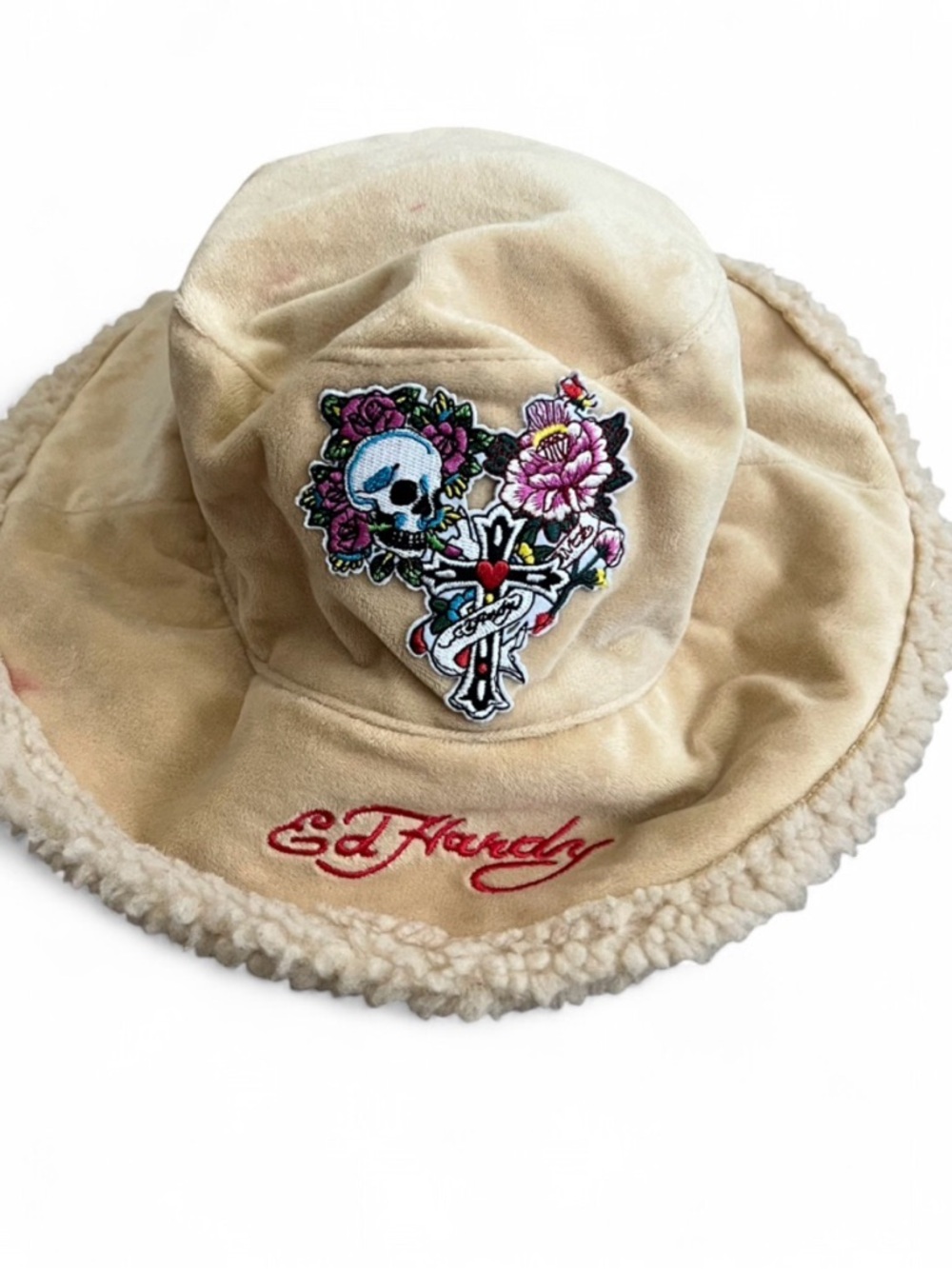 Ed Hardy Fleece Lined Bucket Hat Skull Floral One Size Y2K